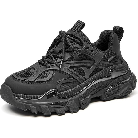 Women Black Chunky Sneakers Casual Lace-up Walking Shoes - Picture 1 of 7